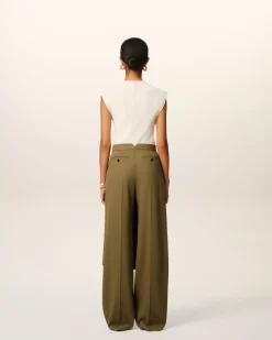 Pantalon Vert Coupe Large A Pan En Laine