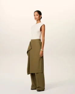 Pantalon Vert Coupe Large A Pan En Laine