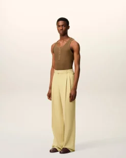 Pantalon Vert Large Taille Basse En Laine