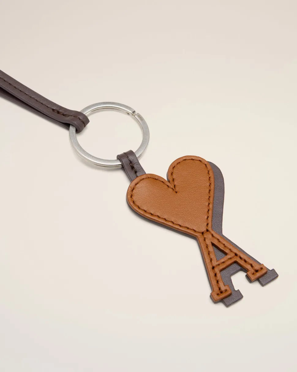 Porte Clés Noir Marron De Coeur En Cuir Lisse