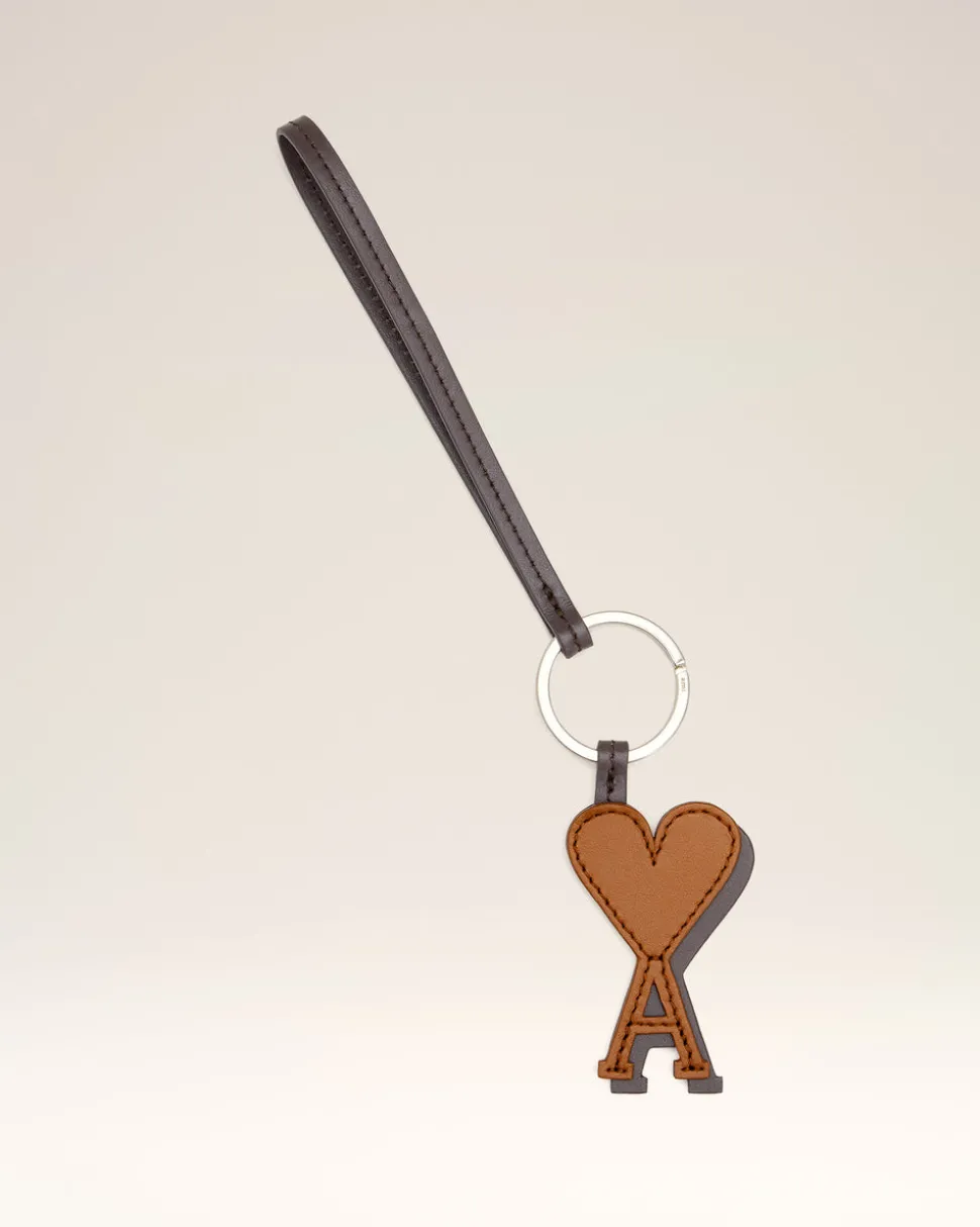 Porte Clés Noir Marron De Coeur En Cuir Lisse