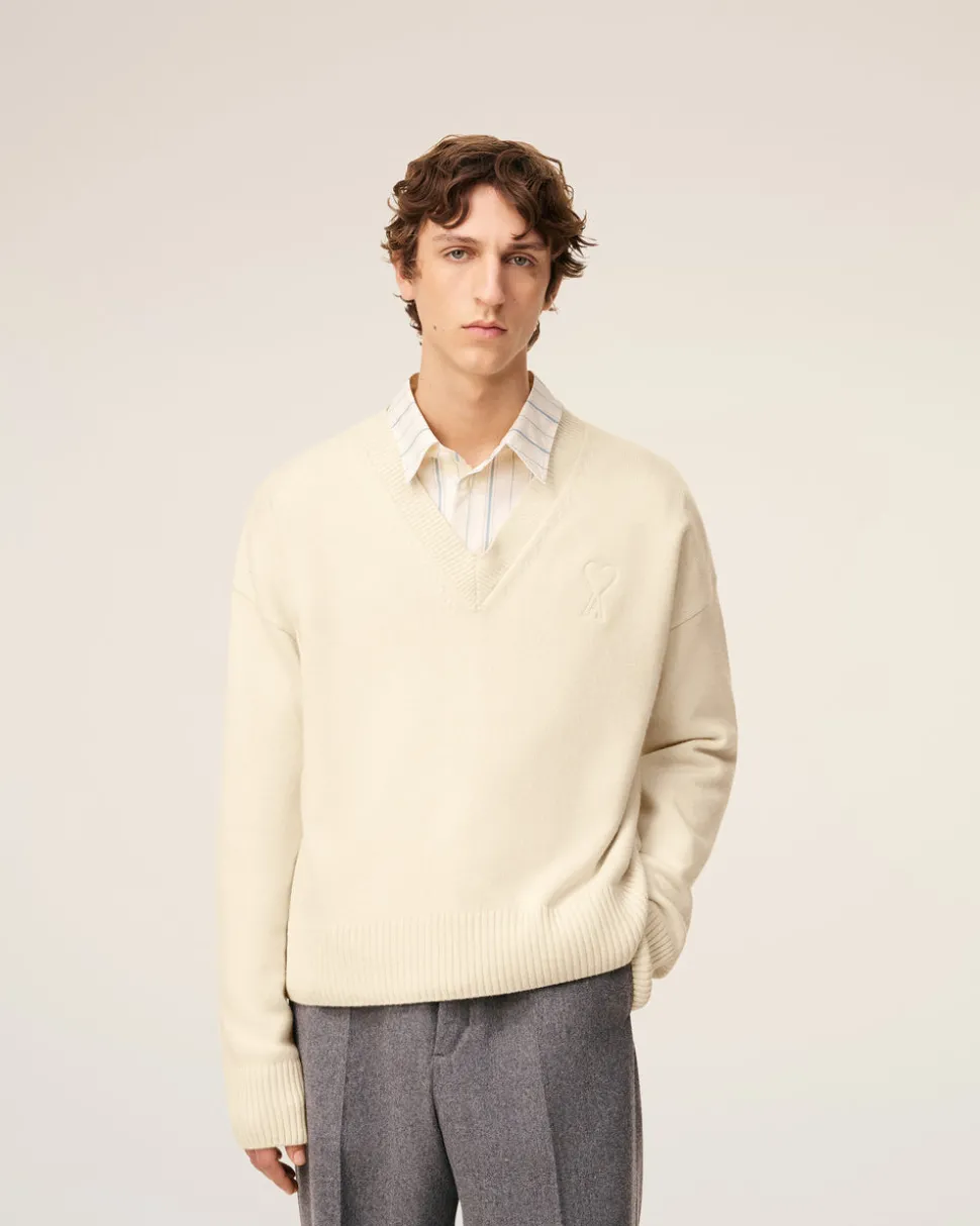 Pull Blanc Col V Ami De Coeur En Laine