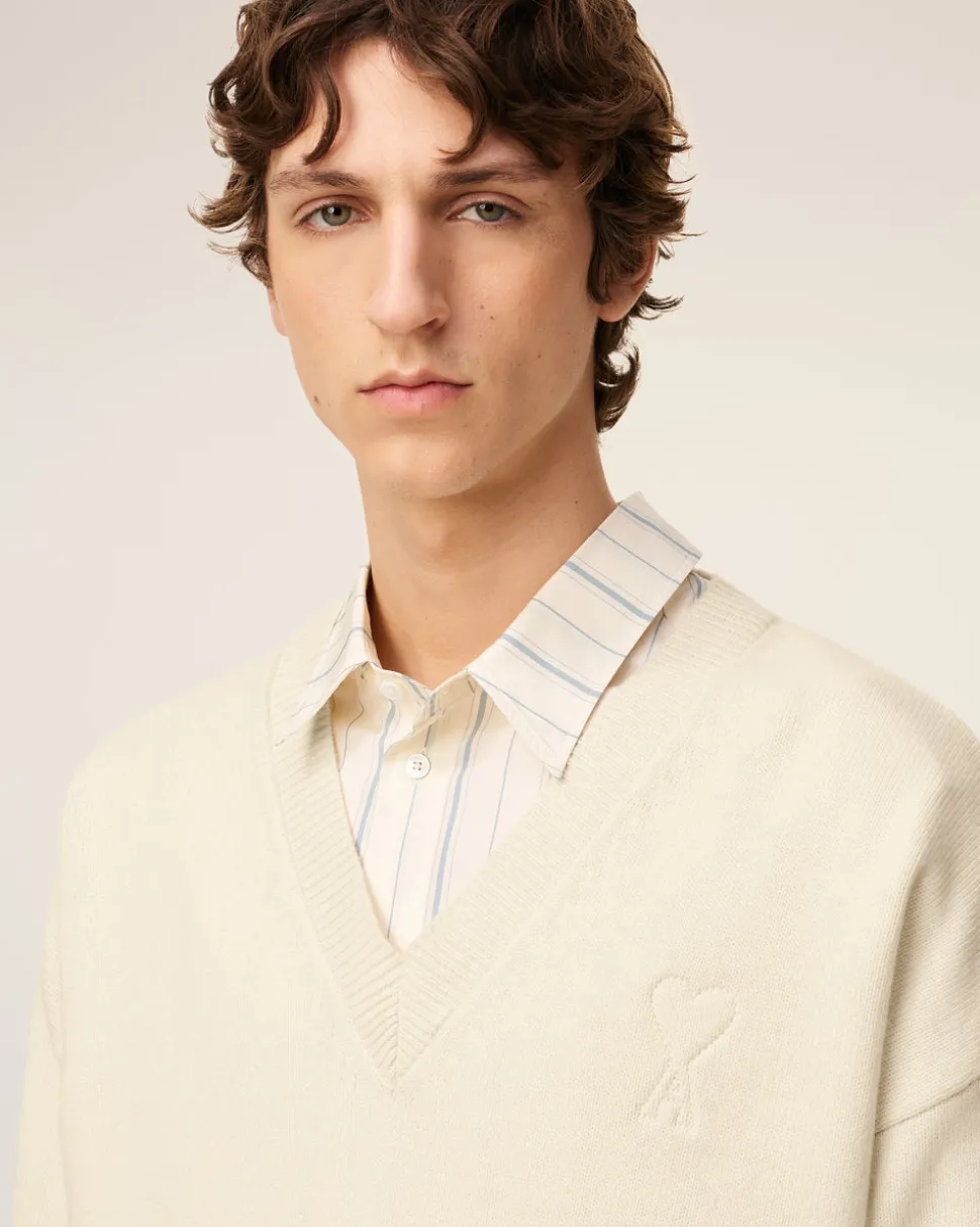 Pull Blanc Col V Ami De Coeur En Laine