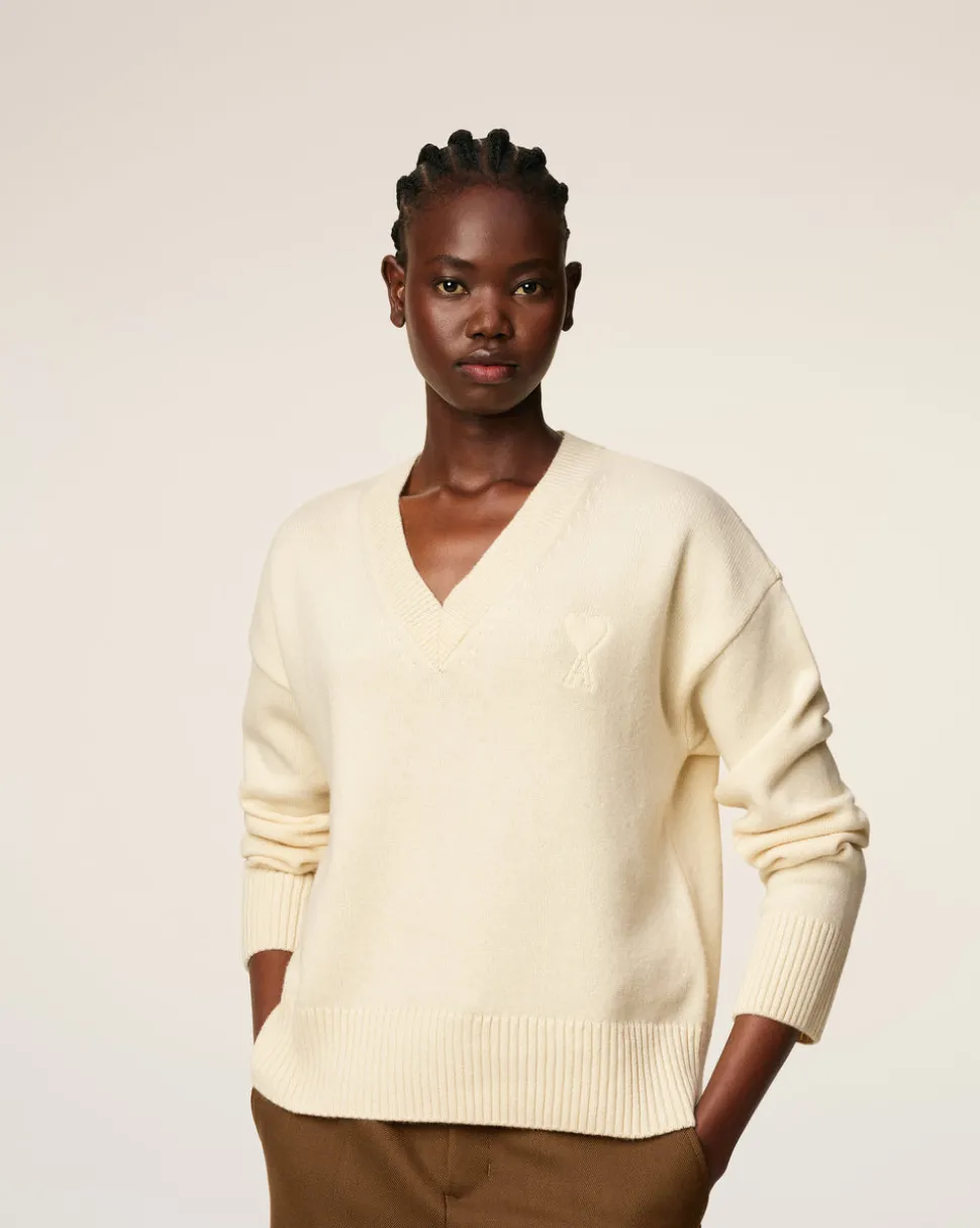 Pull Blanc Col V Ami De Coeur En Laine