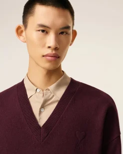 Pull Bordeaux Col V Ami De Coeur En Laine