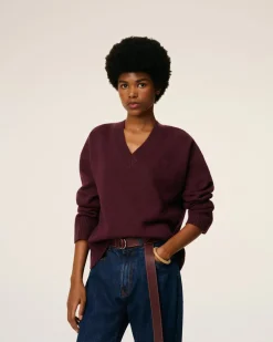 Pull Bordeaux Col V Ami De Coeur En Laine