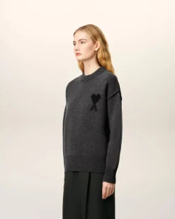 Pull Gris Col Rond Ami De Coeur En Laine