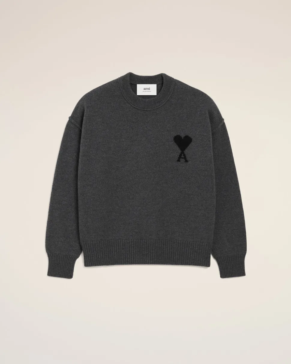 Pull Gris Col Rond Ami De Coeur En Laine