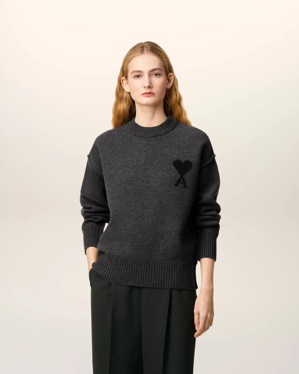 Pull Gris Col Rond Ami De Coeur En Laine