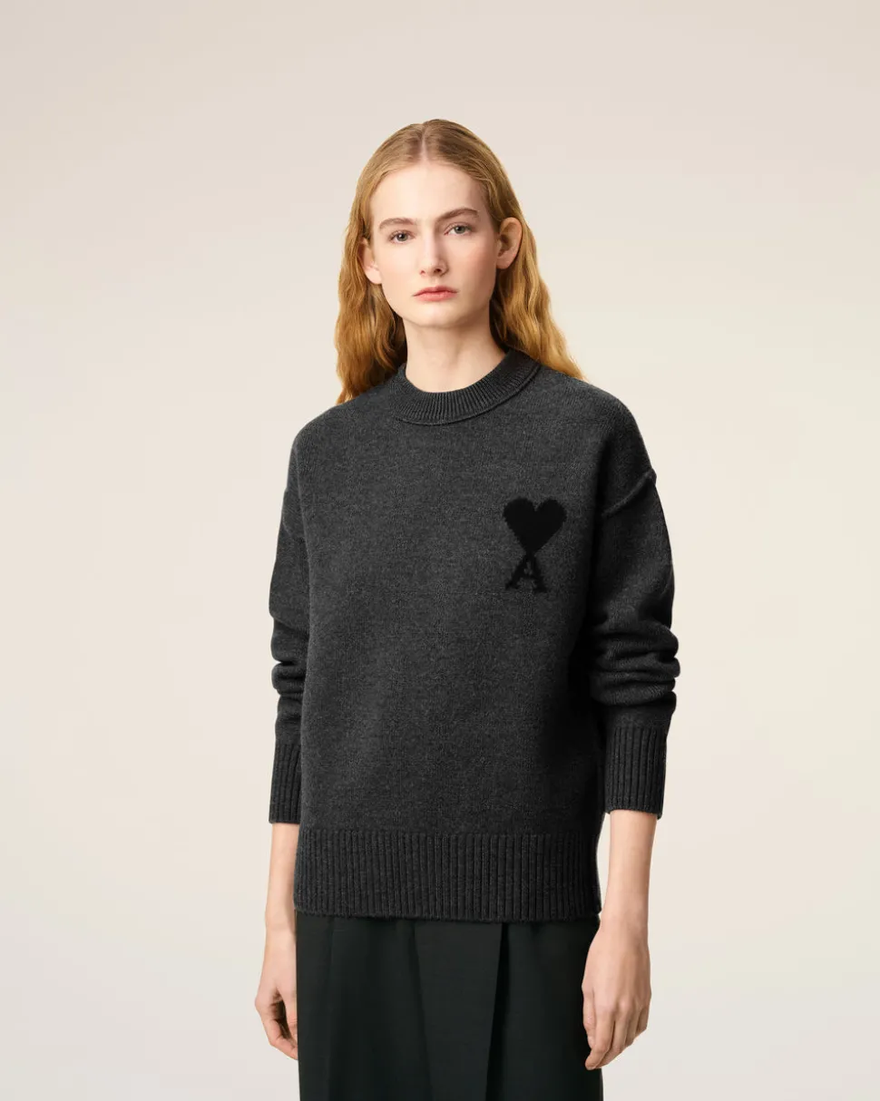 Pull Gris Col Rond Ami De Coeur En Laine