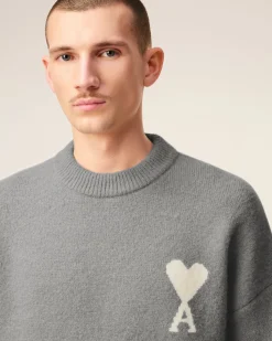 Pull Gris Col Rond Ami De Coeur En Alpaga