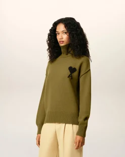 Pull Kaki Col Cheminée Ami De Coeur En Laine