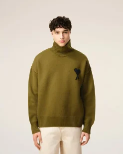 Pull Kaki Col Cheminée Ami De Coeur En Laine