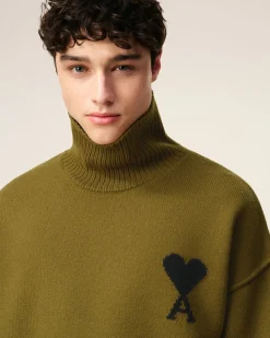 Pull Kaki Col Cheminée Ami De Coeur En Laine