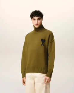 Pull Kaki Col Cheminée Ami De Coeur En Laine
