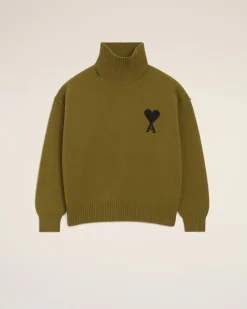 Pull Kaki Col Cheminée Ami De Coeur En Laine