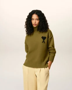 Pull Kaki Col Cheminée Ami De Coeur En Laine