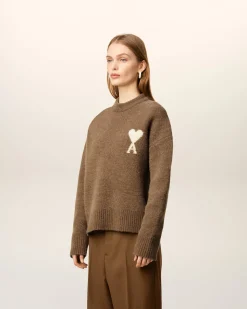 Pull Marron Col Rond Ami De Coeur En Alpaga