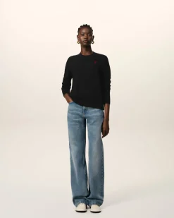 Pull Noir Col Rond Ami de Coeur En Laine