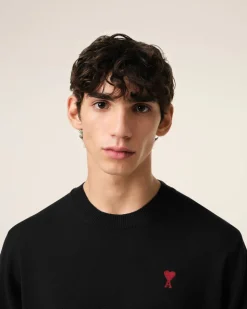 Pull Noir Col Rond Ami de Coeur En Laine