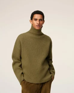 Pull Vert Col Cheminée En Laine