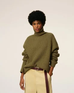 Pull Vert Col Cheminée En Laine