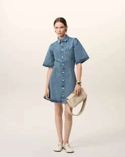 Robe Chemise Bleue Manches Courtes En Coton