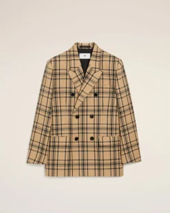 Veste Marron Loose Croisée A Carreaux En Laine