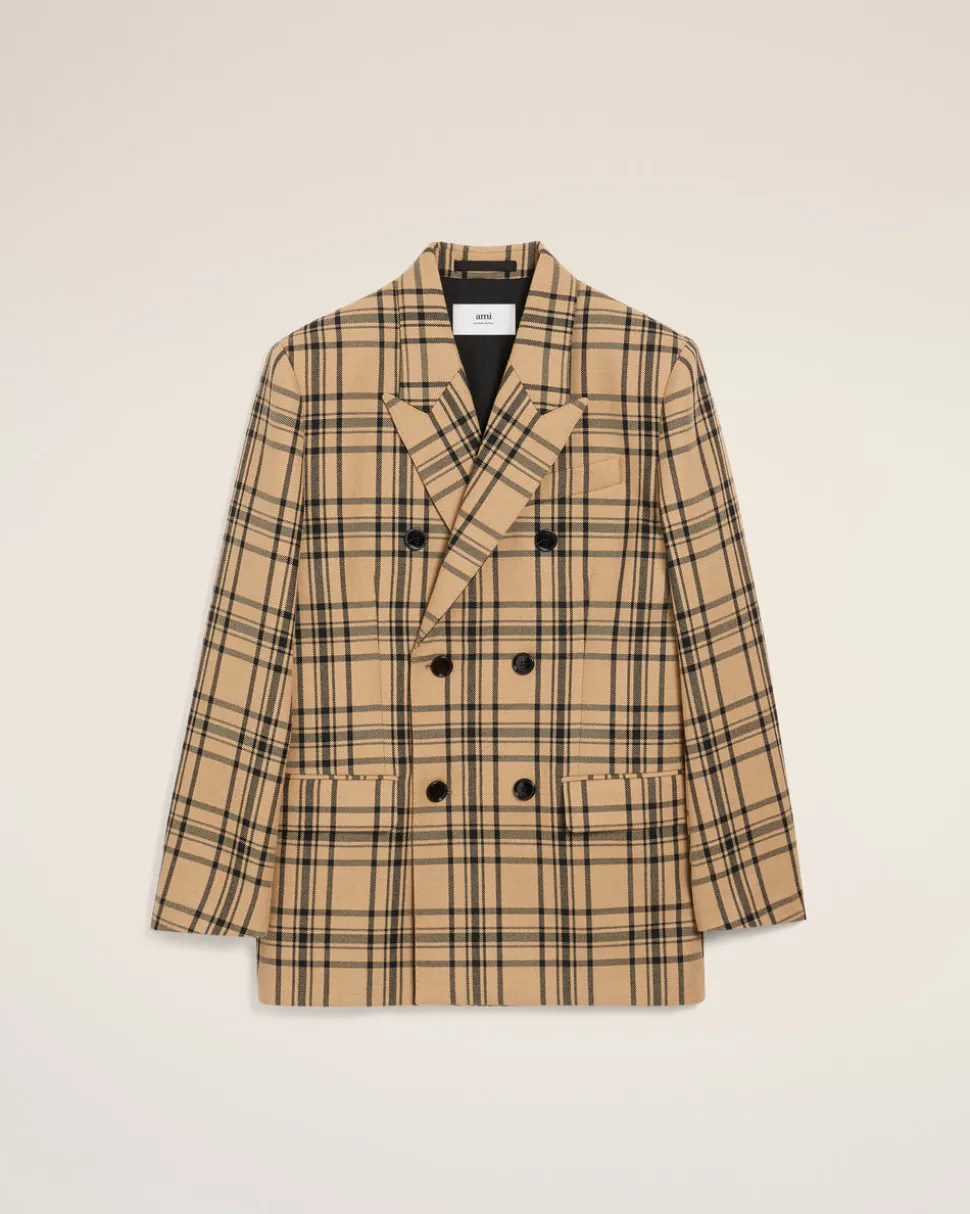 Veste Marron Loose Croisée A Carreaux En Laine