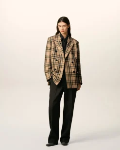 Veste Marron Loose Croisée A Carreaux En Laine