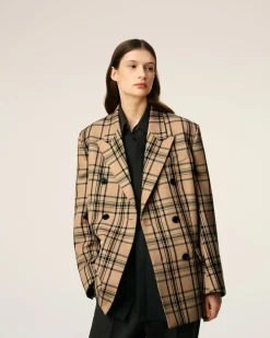 Veste Marron Loose Croisée A Carreaux En Laine