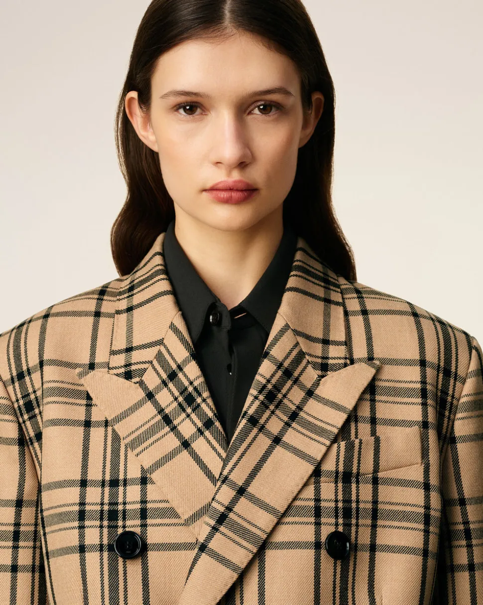 Veste Marron Loose Croisée A Carreaux En Laine