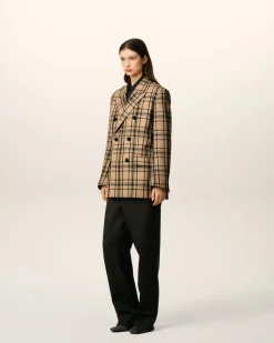 Veste Marron Loose Croisée A Carreaux En Laine