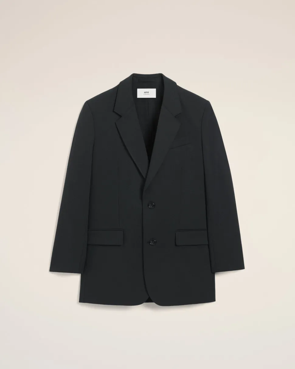 Veste Noire Ample Deux Boutons En Laine