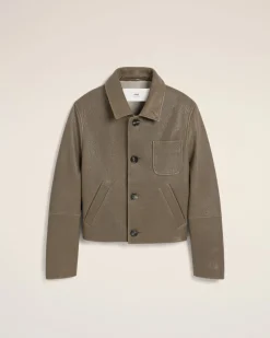 Veste Taupe Boutonnée En Cuir