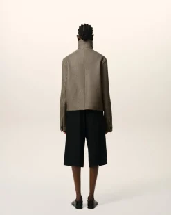 Veste Taupe Boutonnée En Cuir