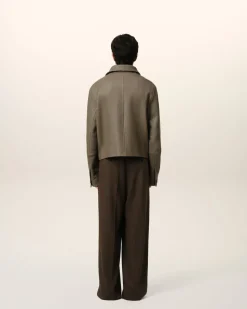 Veste Taupe Boutonnée En Cuir